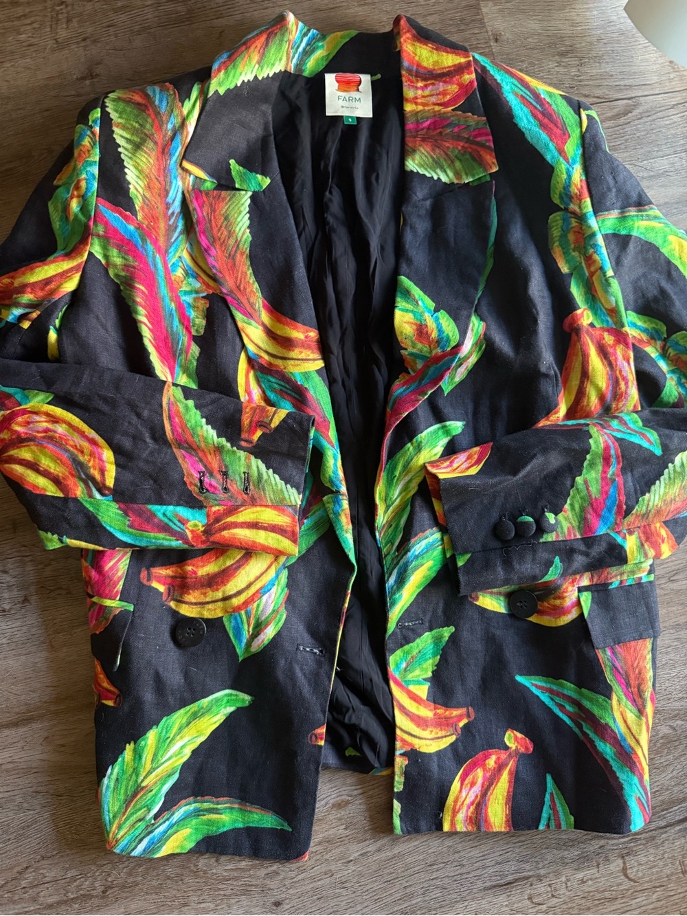 FARM Rio Presta Banana Jacket- Black Blazer with Tropical Leaf & Banana Print